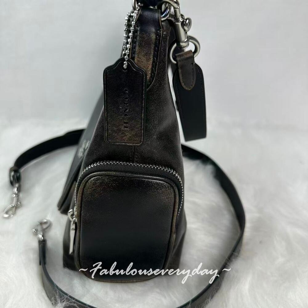 Coach Laurel Shoulder Bag With Pockets In Loved Leather/Silver/Black Brow CES84 - Picture 3 of 9